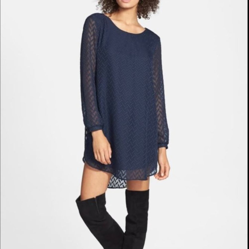 Astr Navy Blue Sheer Pattern L/S Shift Dress XS